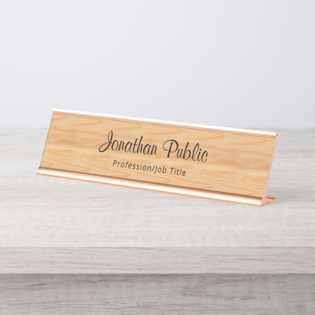 Trendy Holzaussehen Elegante handgeschriebene Vorl Schreibtischnamensplakette (Vorderseite )