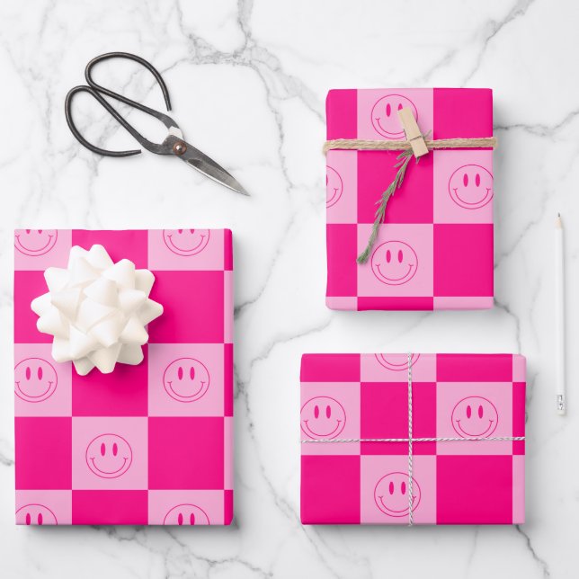 Trendy Hot Pink Checkered & Groovy Happy Lächeln Geschenkpapier Set (Vorderseite)