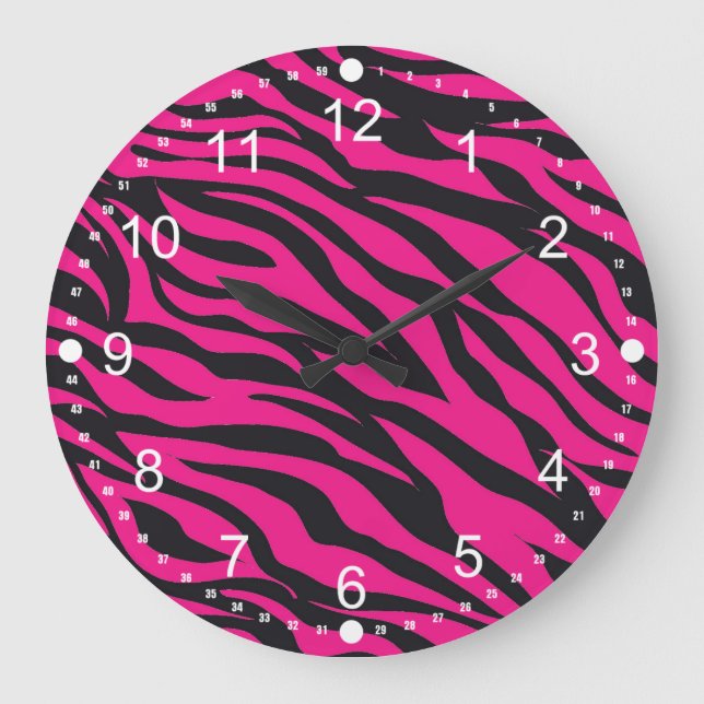 Trendy Hot Pink Fuchsia Black Zebra Stripes Print Große Wanduhr (Vorderseite)