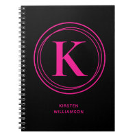 Trendy Hot Pink Monogram Name Black Notebook
