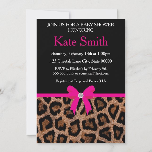 Trendy Hot Pink und Black Leopard Bow Babydusche Einladung (Rückseite)