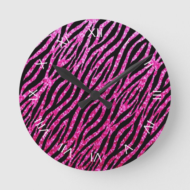 Trendy Hot Pink Zebra Print Glitz Glitter Sparkles Runde Wanduhr (Vorderseite)