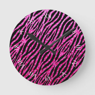 Trendy Hot Pink Zebra Print Glitz Glitter Sparkles Runde Wanduhr