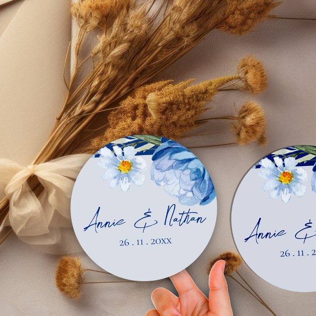 Trendy Hübsch Blue Flowers Blumenkleber Runder Aufkleber (Trendy Pretty Blue Flowers Floral Wedding Sticker)