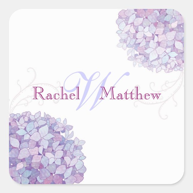 Trendy Hydrangea Wedding Couple Monogram Quadratischer Aufkleber (Vorderseite)