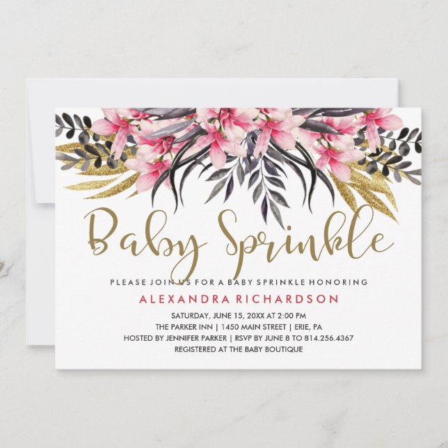 Trendy Imitat-GoldGlitzer-Blumenbaby besprühen Einladung (Vorderseite)