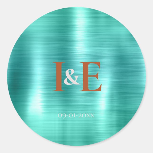 Trendy Imitate Aquamarin Foil Copper Text Hochzeit Runder Aufkleber (Vorderseite)
