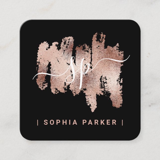 Trendy Imitate Rose Gold auf Schwarz | Monogramm Quadratische Visitenkarte (Vorderseite)