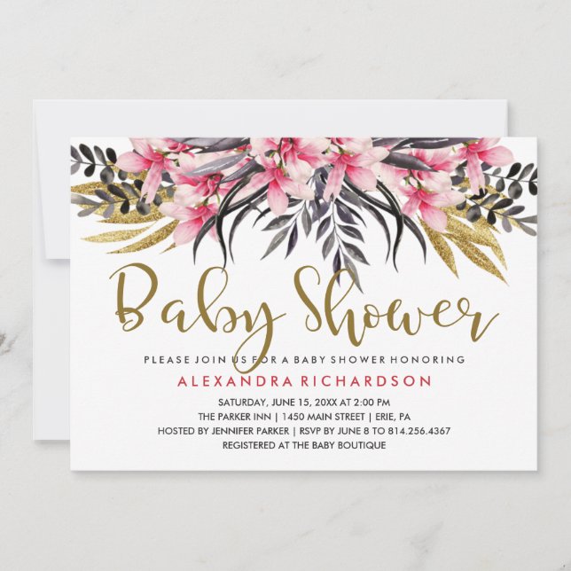 Trendy Imitats Gold Glitzer Floral Baby Dusche Einladung (Vorderseite)