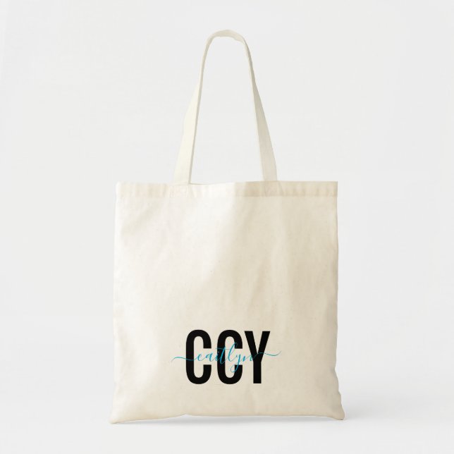 Trendy Initial Monogram mit Skriptname, Blau Tragetasche (Vorne)