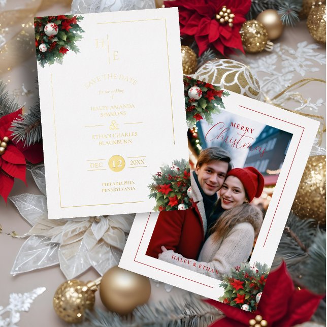 Trendy Initials Floral Christmas Bouquets Foto Folieneinladung (Trendy Initials Floral Christmas Bouquets Metallic Foil Holidays Card as a Wedding Photo Save Date.)