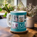 Trendy Instagram Foto Collage Custom Monogram Kaffeetasse<br><div class="desc">Aquamarin Blau und Weiß - Verwenden Sie 11 quadratische Foto,  um ein einzigartiges und persönliches Geschenk zu kreieren. Oder man behalte den Hipster Welpe und macht einen trendigen Sake. Wenn Sie die Bilder anpassen müssen,  klicken Sie auf das Werkzeug anpassen,  um Änderungen vorzunehmen.</div>