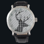 Trendy Kariertes Hirsch und Graustreifen Mit Monog Armbanduhr<br><div class="desc">Stilvolles kariertes Hirschprofil und graue gestreifte Uhr mit elegantem Monogramm.</div>
