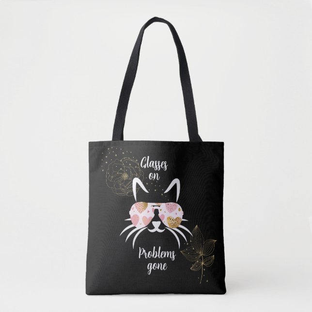 Trendy Katze mit Brille auf schwarzem Hintergrund Tasche (Vorderseite)