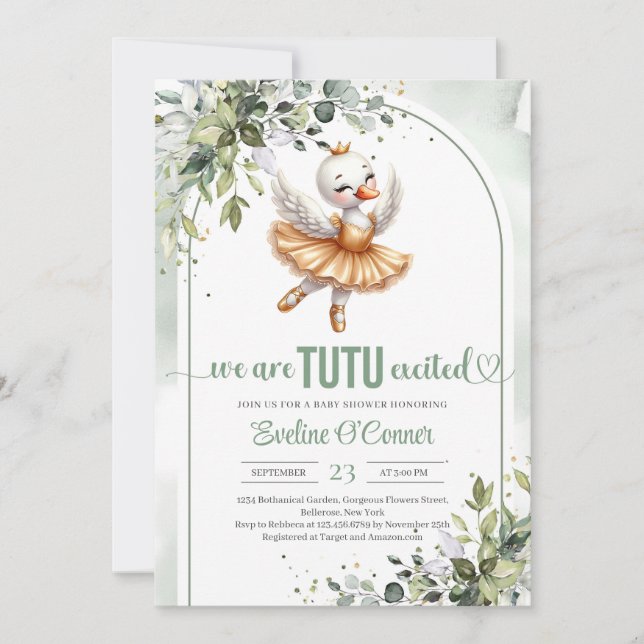 Trendy kleiner Schwan mit goldener Tutu-Kleidung G Einladung (Vorderseite)