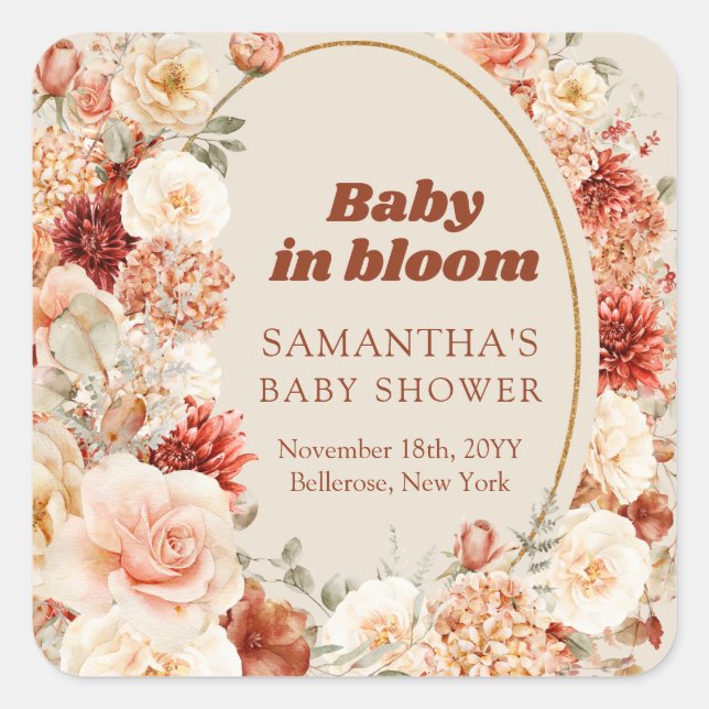 Trendy Kupfer Hydrangea und Rose Herbstshow Baby S Quadratischer Aufkleber (Vorderseite)