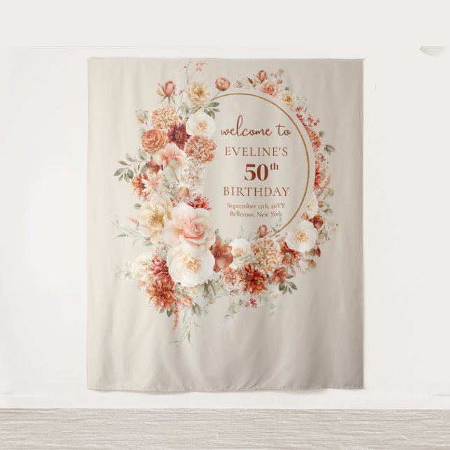Trendy Kupferrot Blume 50 Geburtstag Wandteppich (Vorderseite)