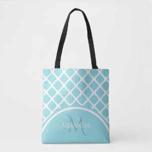 Trendy Large Aqua Quatrefolie Monongram und Name Tasche