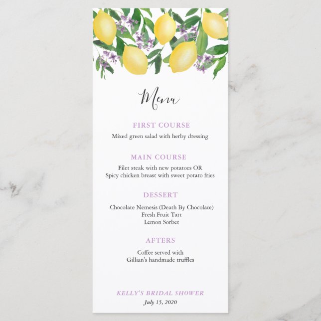 Trendy Lemons Lavender Polterabend Luncheon Menükarte (Vorderseite)