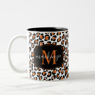 Trendy Leopard Animal Print Pattern Monogram Name Zweifarbige Tasse