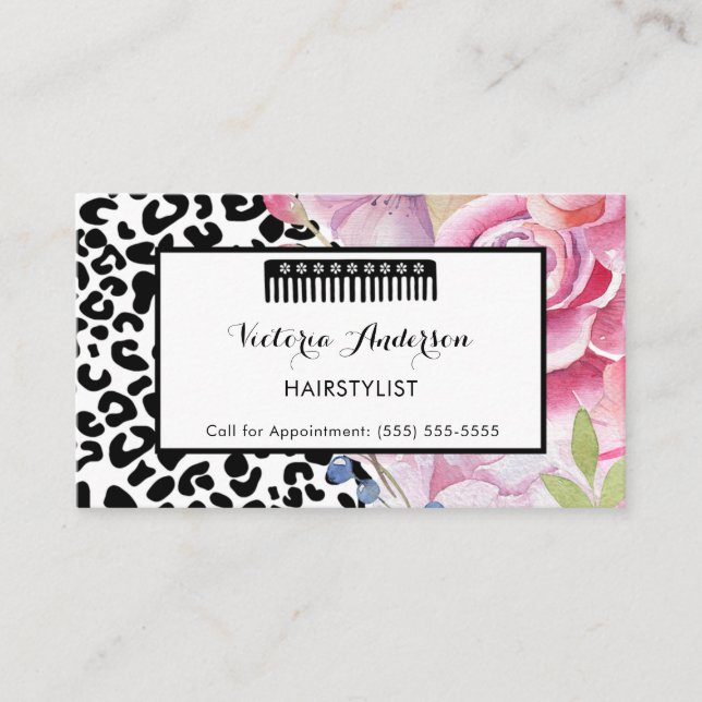 Trendy Leopard Print Floral Fairstylist mit Comb Visitenkarte (Vorderseite)