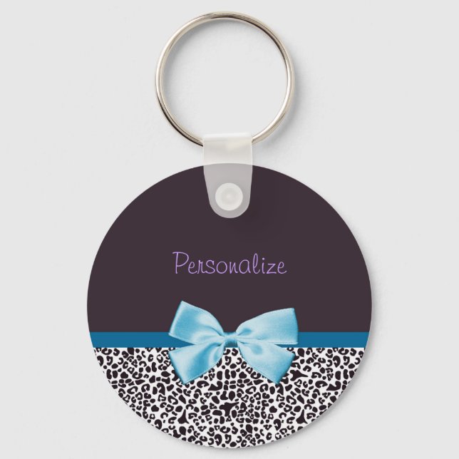 Trendy Leopard Print und Blue Ribbon mit Namen Schlüsselanhänger (Vorderseite)