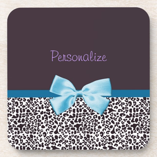 Trendy Leopard Print und Blue Ribbon mit Namen Untersetzer (Vorderseite)