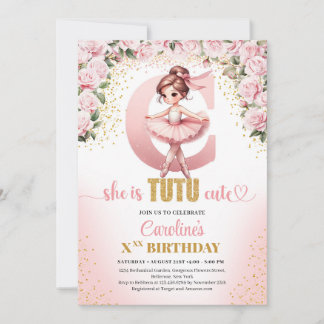 Trendy Letter C monogram ballerina Mädchen Geburts Einladung