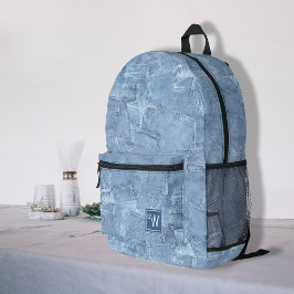 Trendy Light Blue Jean Imitats Effect Monogram Bedruckter Rucksack