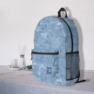 Trendy Light Blue Jean Imitats Effect Monogram Bedruckter Rucksack