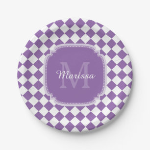 Trendy Light Lila Checked Mit Monogramm Name Pappteller