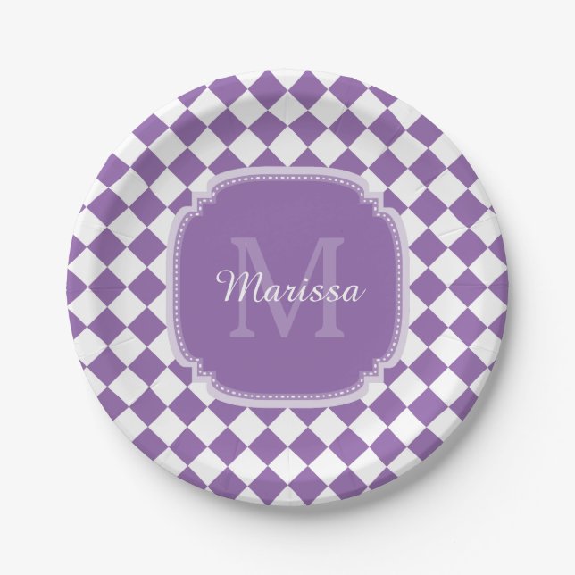 Trendy Light Lila Checked Mit Monogramm Name Pappteller (Vorderseite)