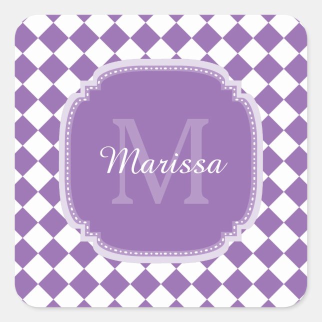 Trendy Light Lila Checked Mit Monogramm Name Quadratischer Aufkleber (Vorderseite)