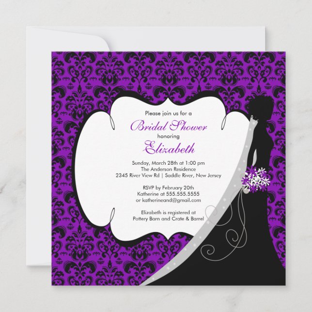 Trendy Lila Damask Bridge Brautparty Einladung (Vorderseite)