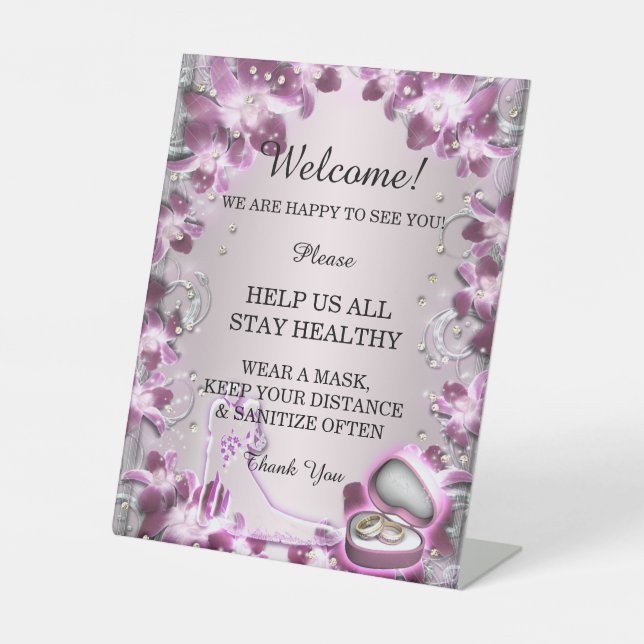 Trendy Lila Floral Chic Hochzeitssicherheit Sockelschild (Vorderseite)