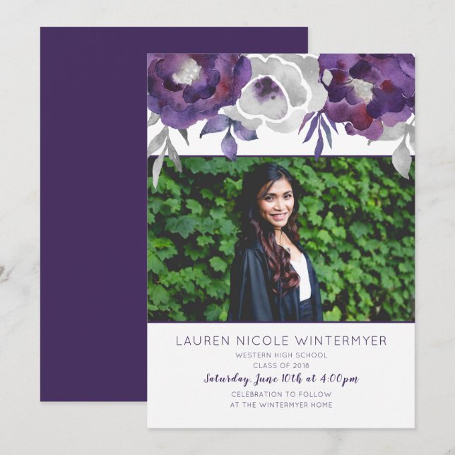 Trendy Lila Floral Foto Graduation Einladungen (Vorne/Hinten)