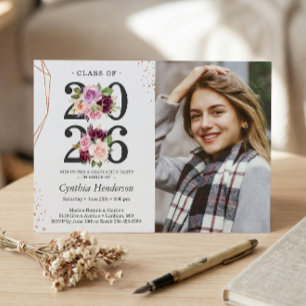 Trendy Lila Floral Rose Gold Foto Abschluss Einladung