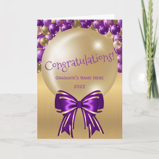 Trendy Lila Gold Balloon Bow Abschluss Karte (Vorderseite)