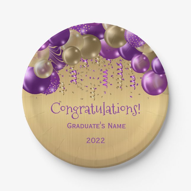 Trendy Lila Gold Balloons Abschluss Pappteller (Vorderseite)