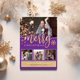 Trendy Lila Gold Frohe Weihnachtsfoto Collage Feiertagskarte