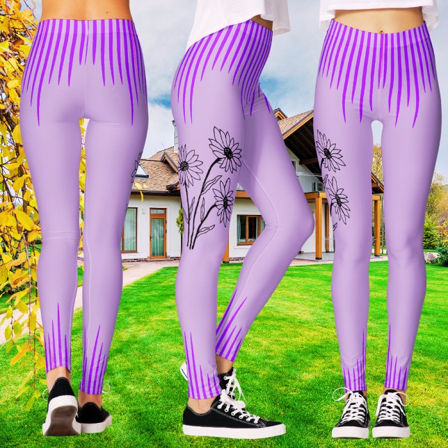 Trendy Lila Lilac Floral Stripe Workout Women's Leggings (Von Creator hochgeladen)