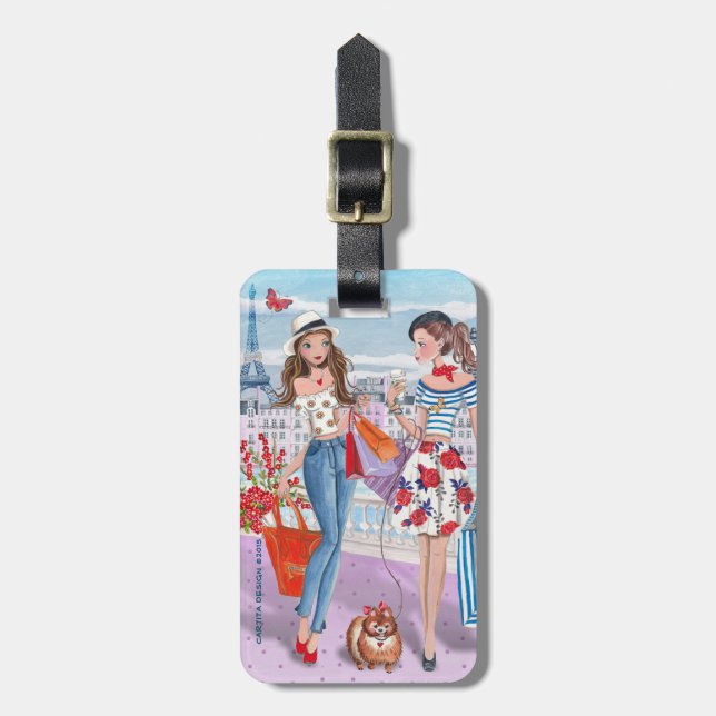 Trendy Lila Shopping Girls in Paris Gepäckträger-T Gepäckanhänger (Vorderseite vertikal)
