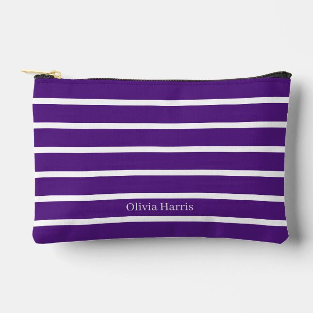 Trendy Lila & White Strip Travel & Make Up Bag Zubehörtasche (Vorderseite)