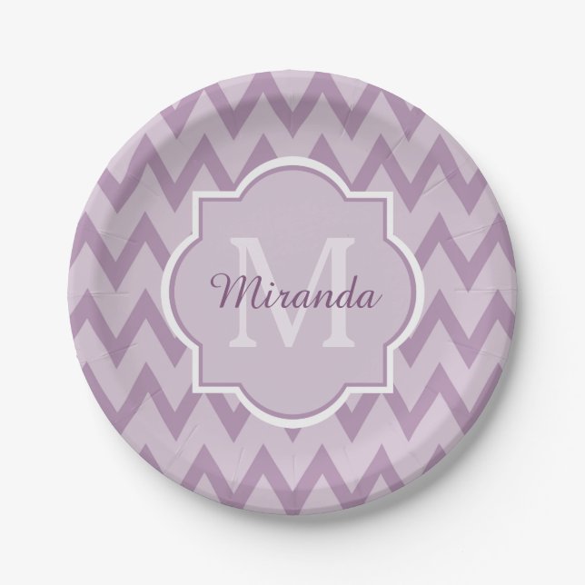 Trendy lila Zickzack Zickzack-Name und Monogramm Pappteller (Vorderseite)
