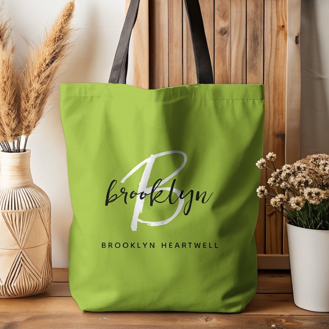 Trendy Lime Green Schwarz-weiß Script Monogram Nam Tasche (Von Creator hochgeladen)