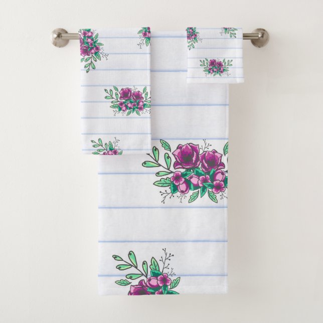 Trendy Lined Paper & Lila Doodle Florals Badhandtuch Set (Insitu)