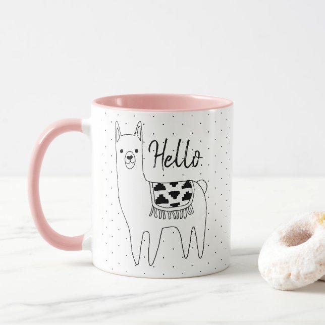 Trendy Llama Sketch & Black Dots Hallo Tasse (Mit Donut)
