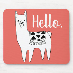 Trendy Llama Sketch Hello in Coral Mousepad