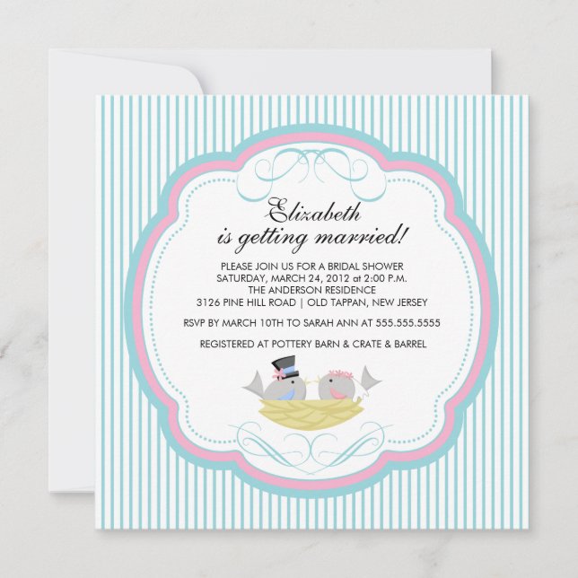Trendy Love Birds Bridal Dusche Einladung Blau (Vorderseite)