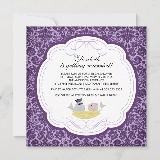 Trendy Love Birds Bridal Dusche Einladung Lila (Vorderseite)